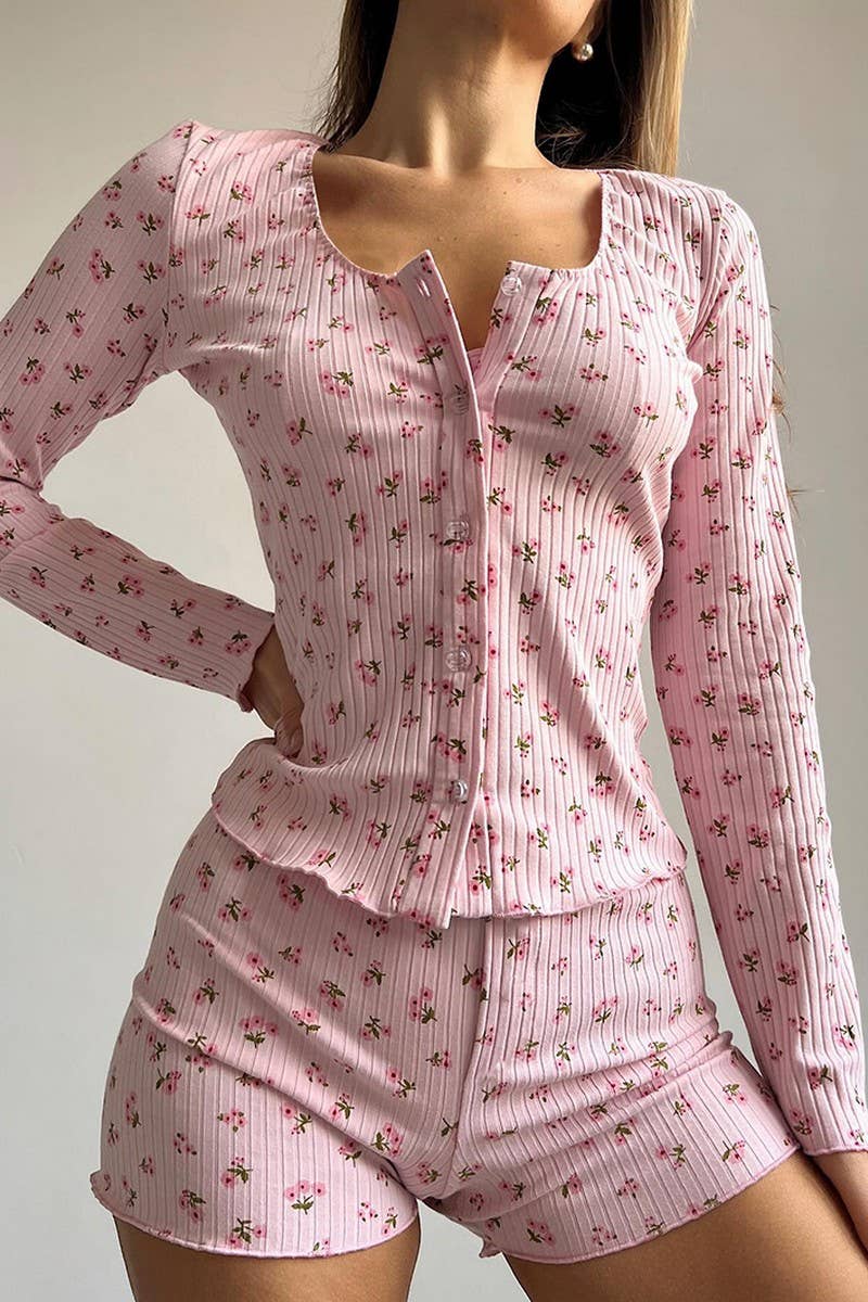 CWSPJ449_KNITTED PRINTED CARDIGAN CAMISOLE PAJAMA SET