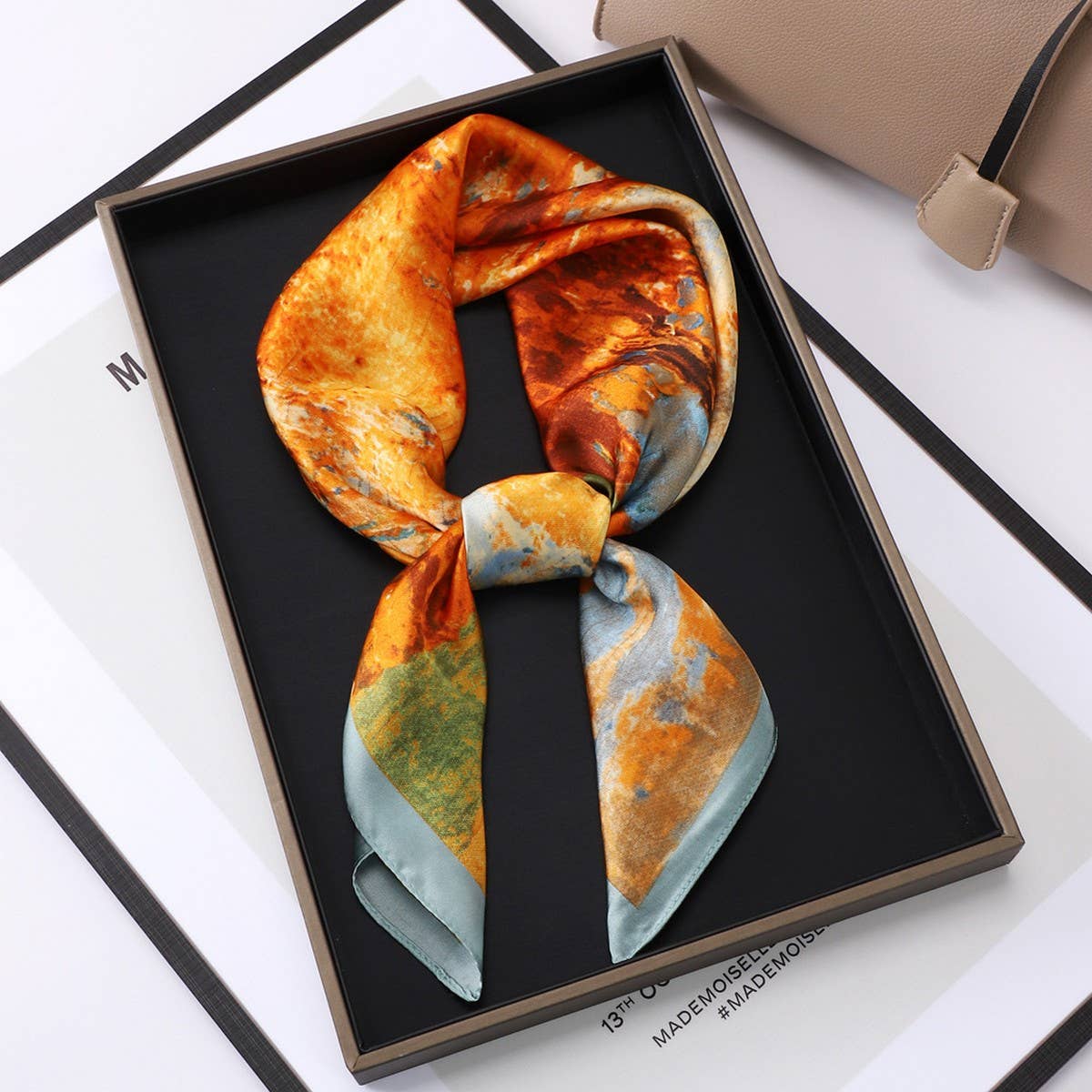 Vintage Letter Print Satin Square Scarf for Women