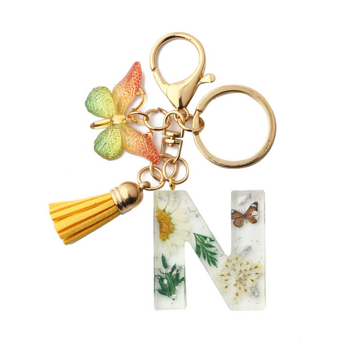Flower Letter Keychain with Yellow Butterfly Charm_CWAB5090