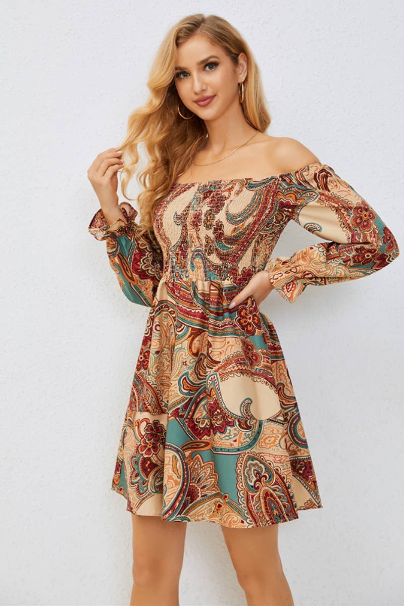 CWDSD3722_ONE-SHOULDER LONG-SLEEVED PRINTED SHORT DRESS