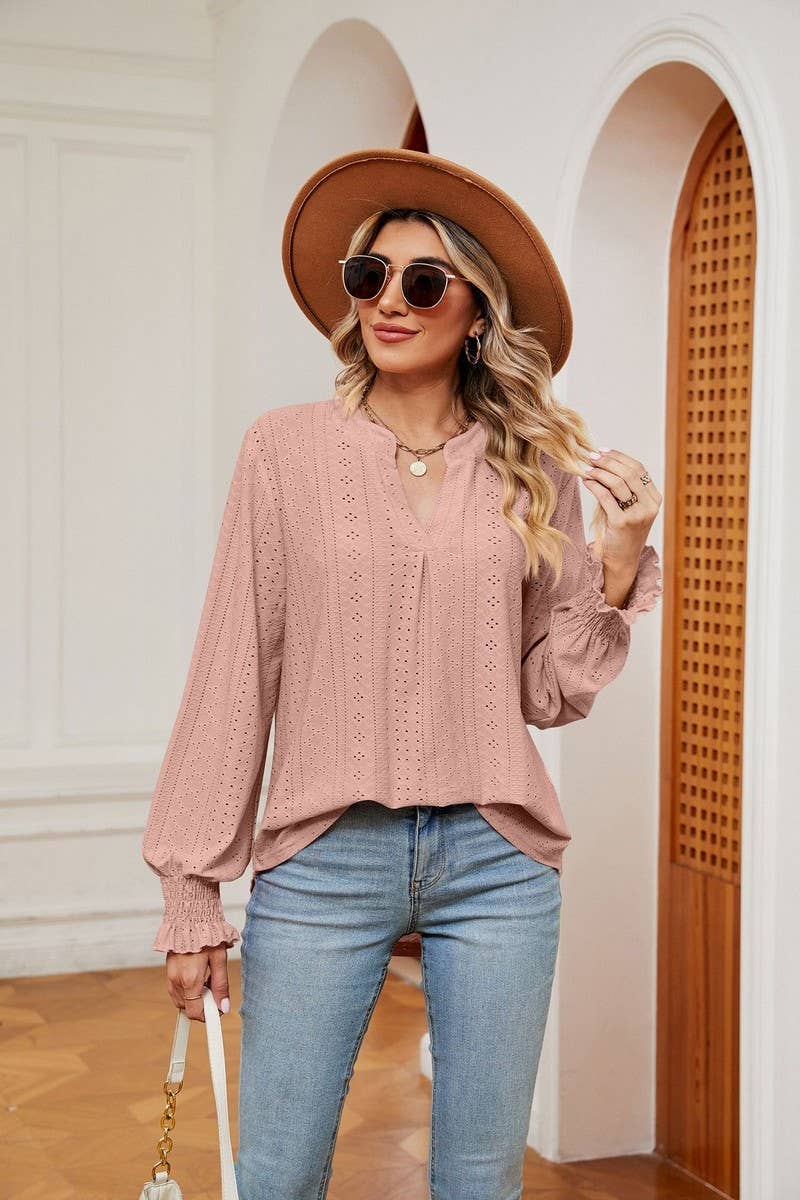 CWTBLL2377_SOLID COLOR V-NECK LOOSE LONG-SLEEVED PULLOVER