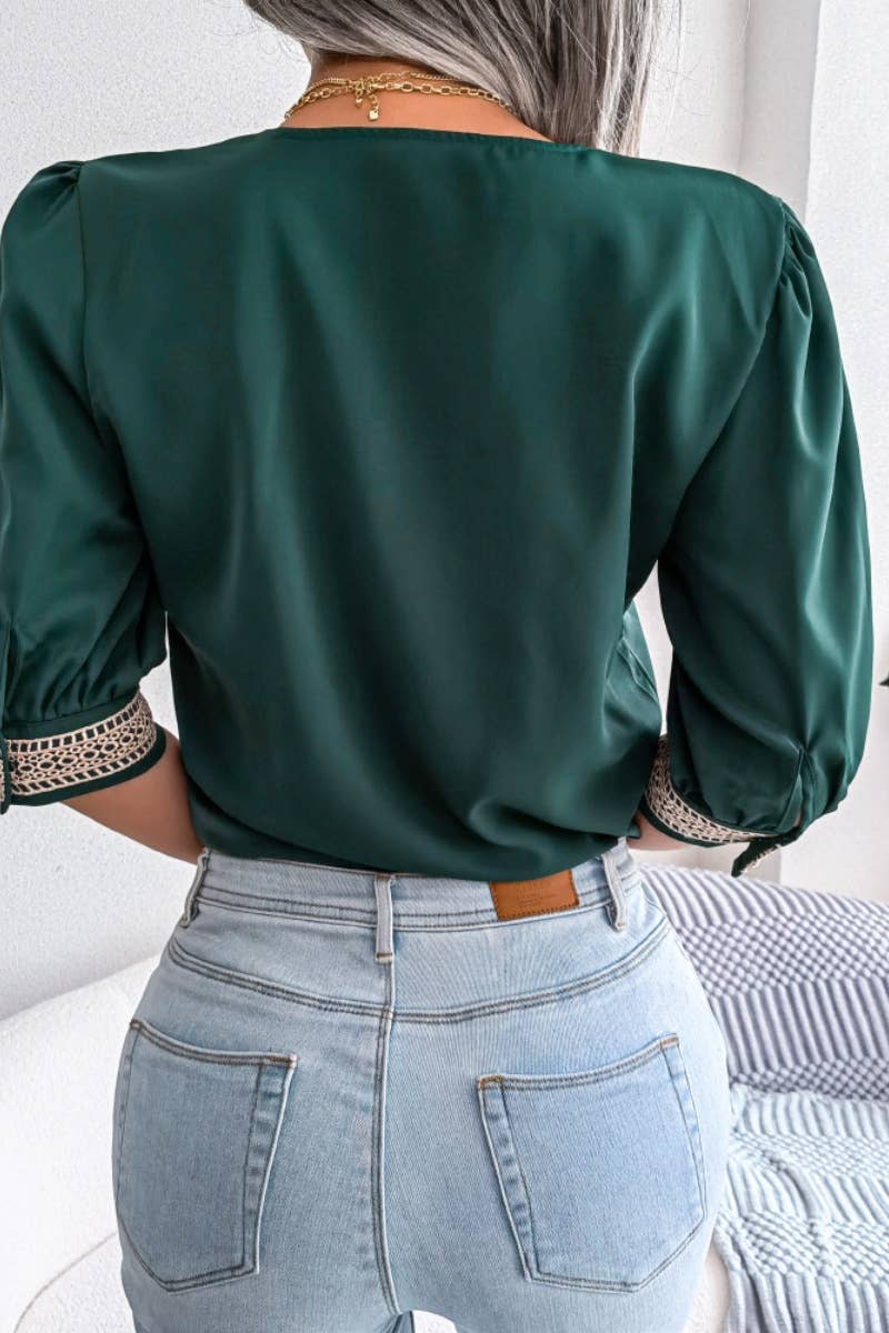 CWTBLS1064_SUMMER LACE V-NECK MID-SLEEVED CHIFFON TOP