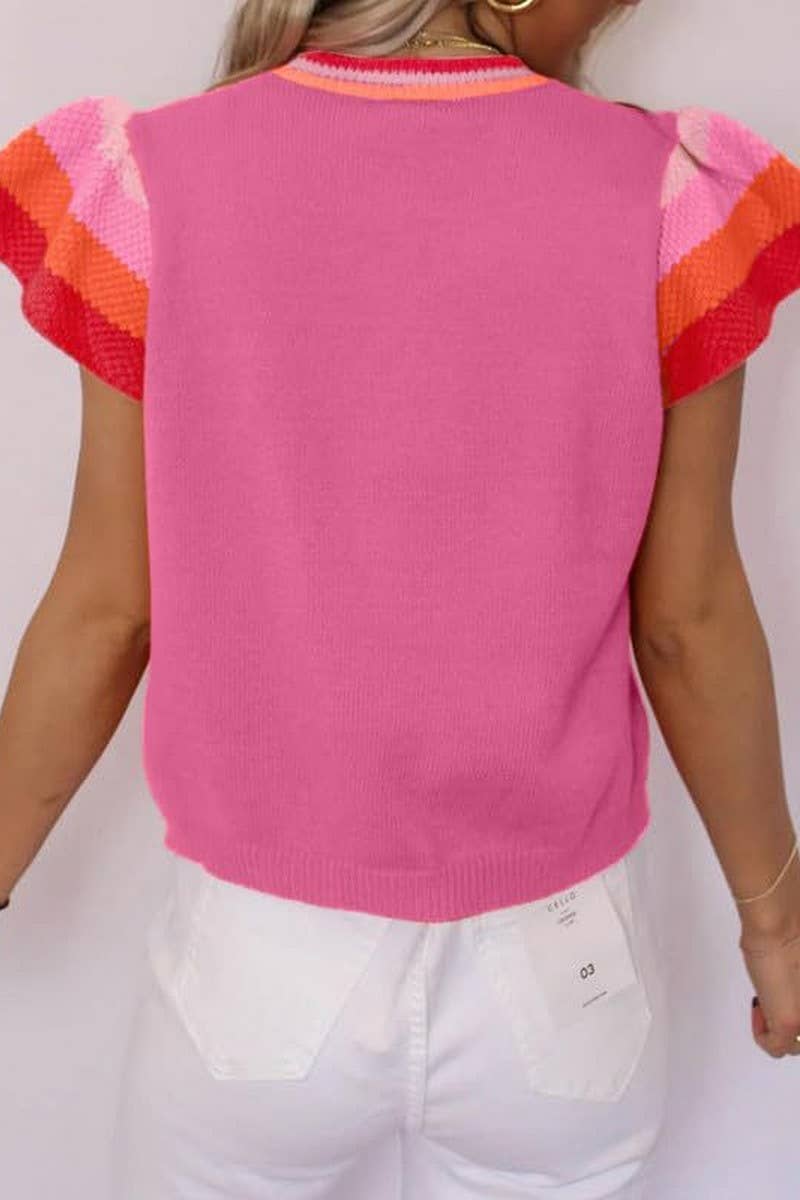 CWOSWS0124_CREW NECK CONTRAST COLOR KNIT SHORT SLEEVE TOP