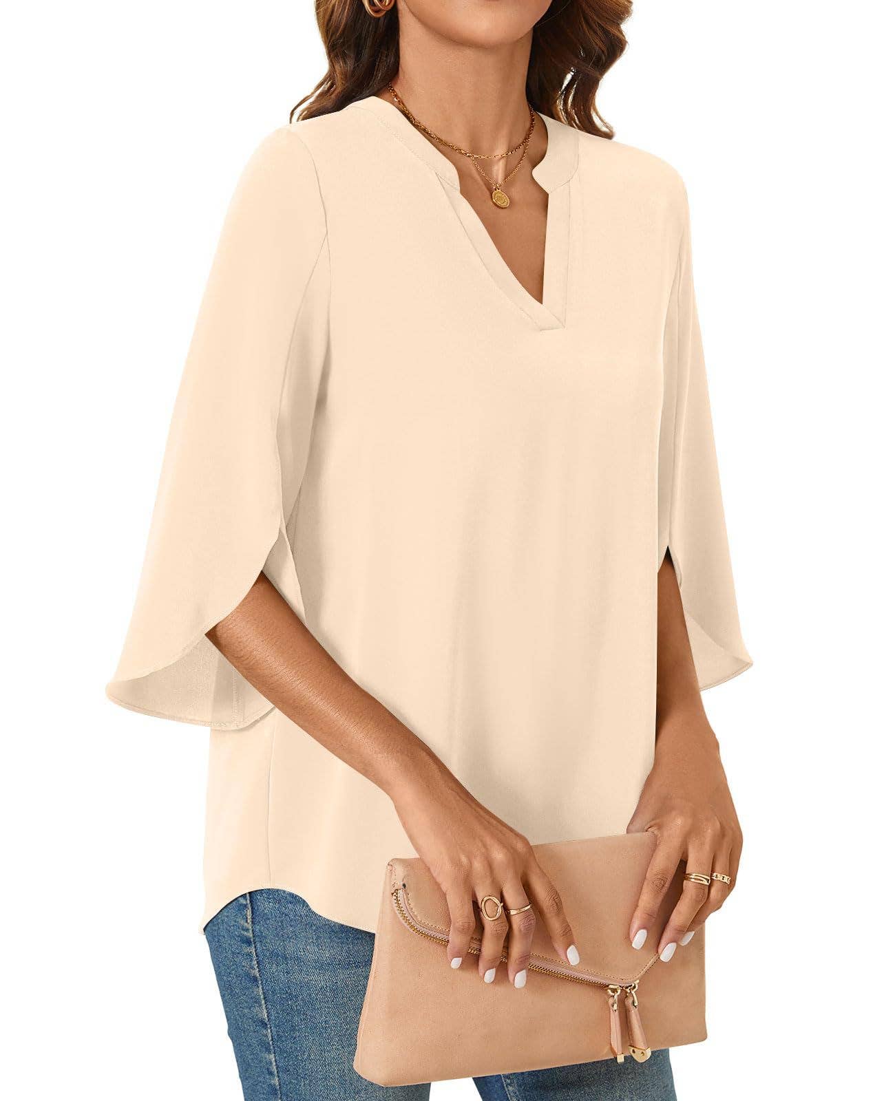 CASUAL LOOSE V-NECK MID-SLEEVE T-SHIRT