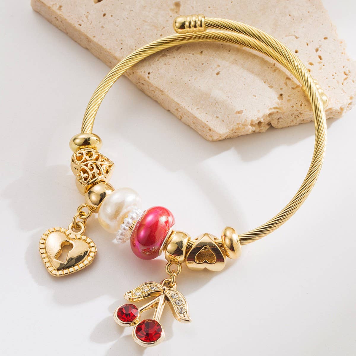 Gold Beaded Bracelet with Crystal Charms