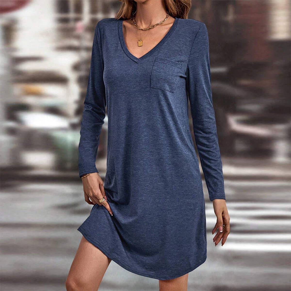 CASUAL V-NECK SOLID COLOR SIMPLE DRESS
