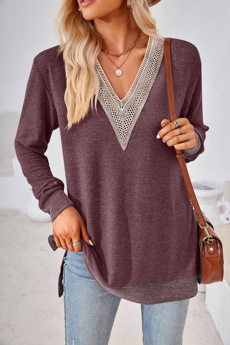 CWTBLL3660_AUTUMN NEW V-NECK LACE SOLID COLOR LOOSE T-SHIRT