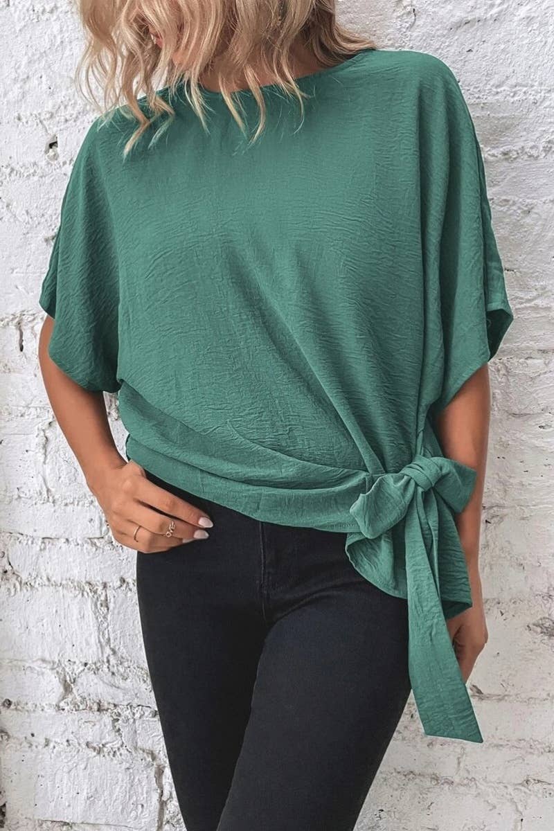 CWTBLS1135_SOLID SUMMER KNOTTED BAT SLEEVE TOP