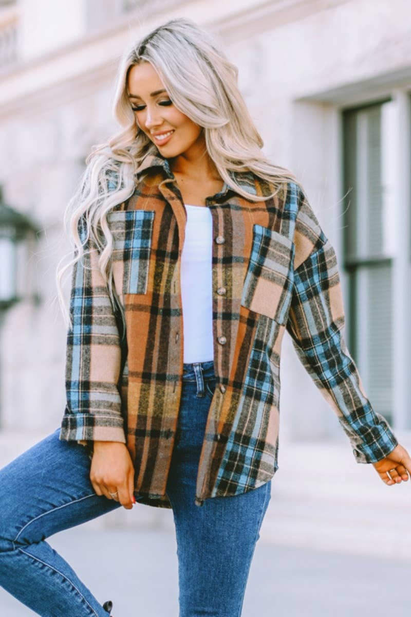 CWTSTL2393_AUTUMN CASUAL POCKET PLAID LONG-SLEEVED SHIRT