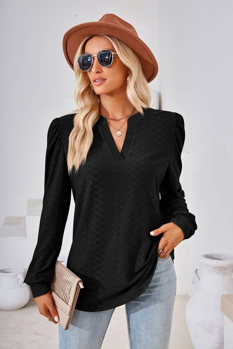 CWTBLL2374_SOLID COLOR V-NECK JACQUARD LONG-SLEEVED TOP