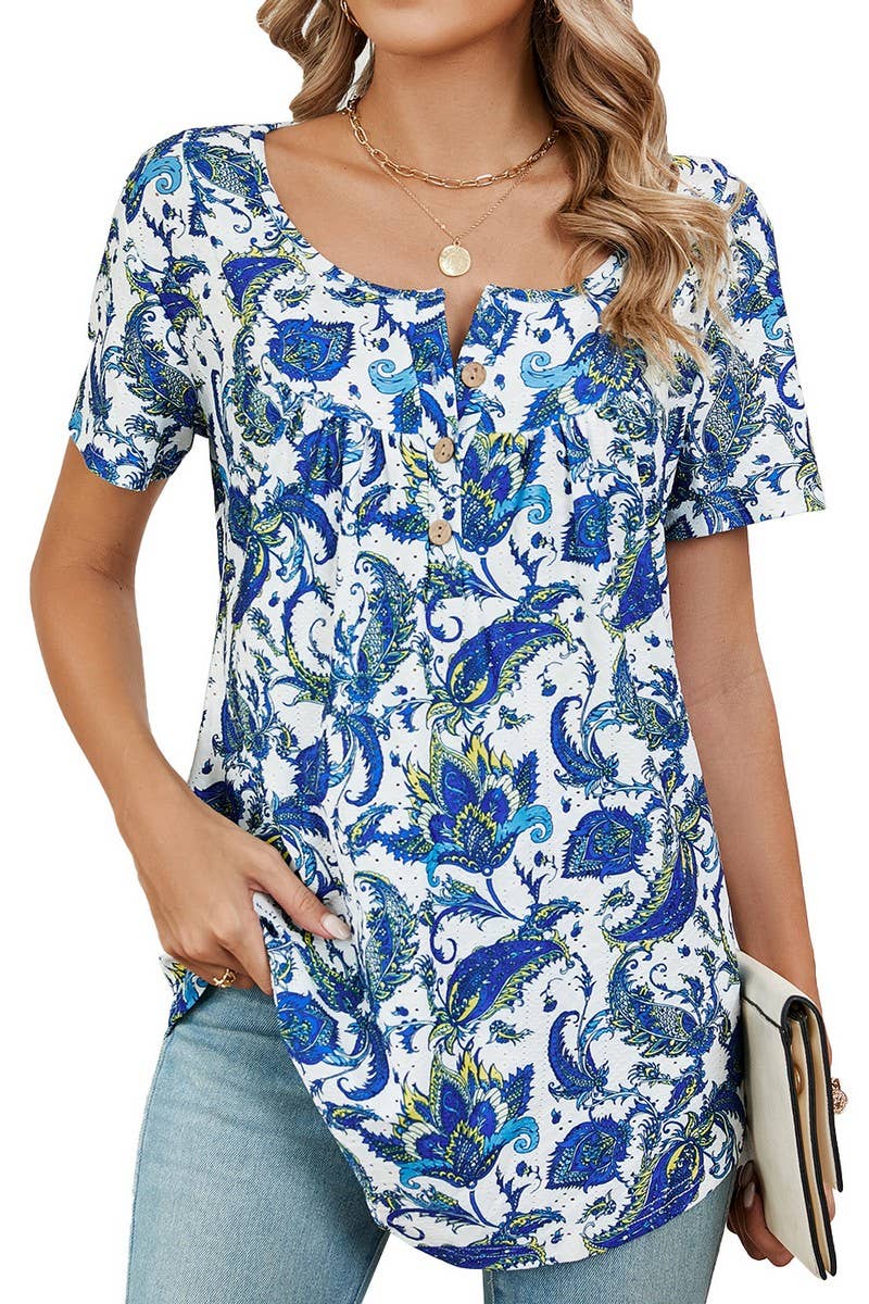 CWTBLS0850_BUTTON PRINT FLORAL SHORT SLEEVE BAGGY TOP