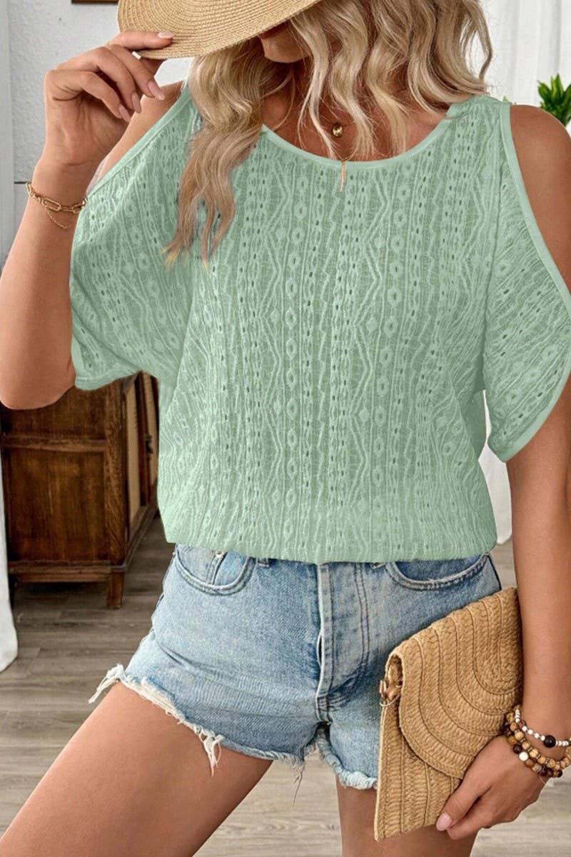 CWTBLS2261_SOLID COLD SHOULDER BATWING SLEEVE CUTOUT TEE