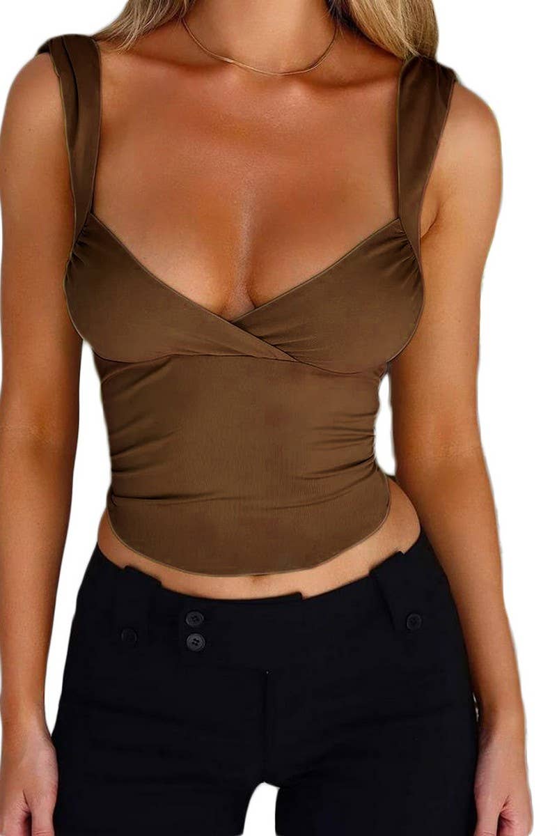 CWTBLSL0584_CROSS-OVER LARGE V-NECK BACKLESS LACE-UP TOP