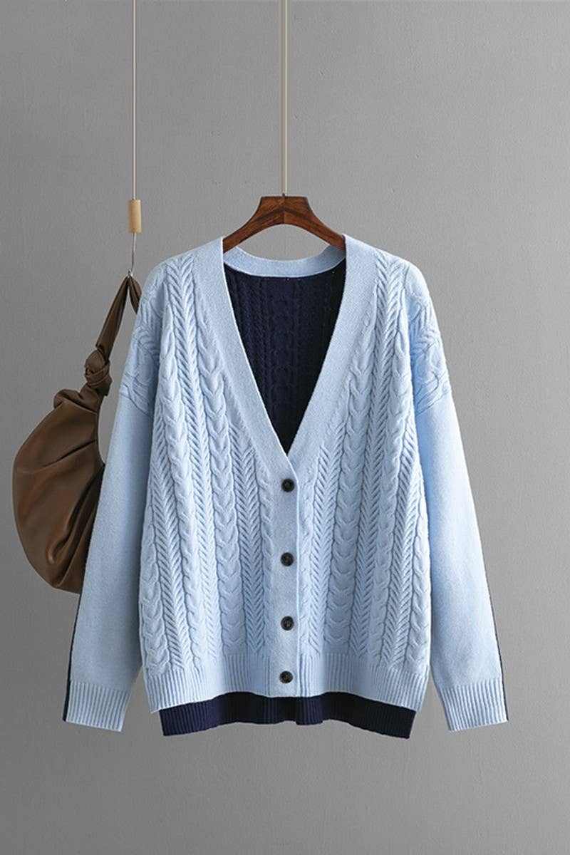 CWOCAL00678_LOOSE COLORBLOCK CABLE V NECK KNIT CARDIGAN