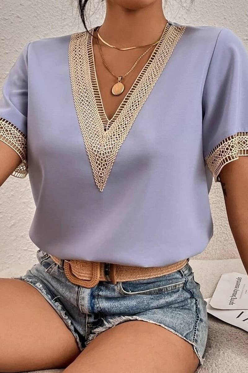 CWTBLS0826_V-NECK LACE CASUAL SOLID COLOR SHIRT