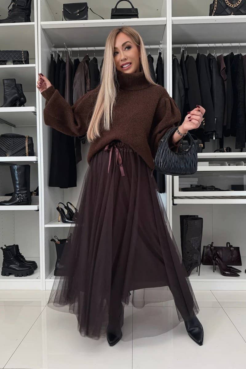 CWBLS135_SOLID COLOR MESH MESH WIDE SWING SKIRT