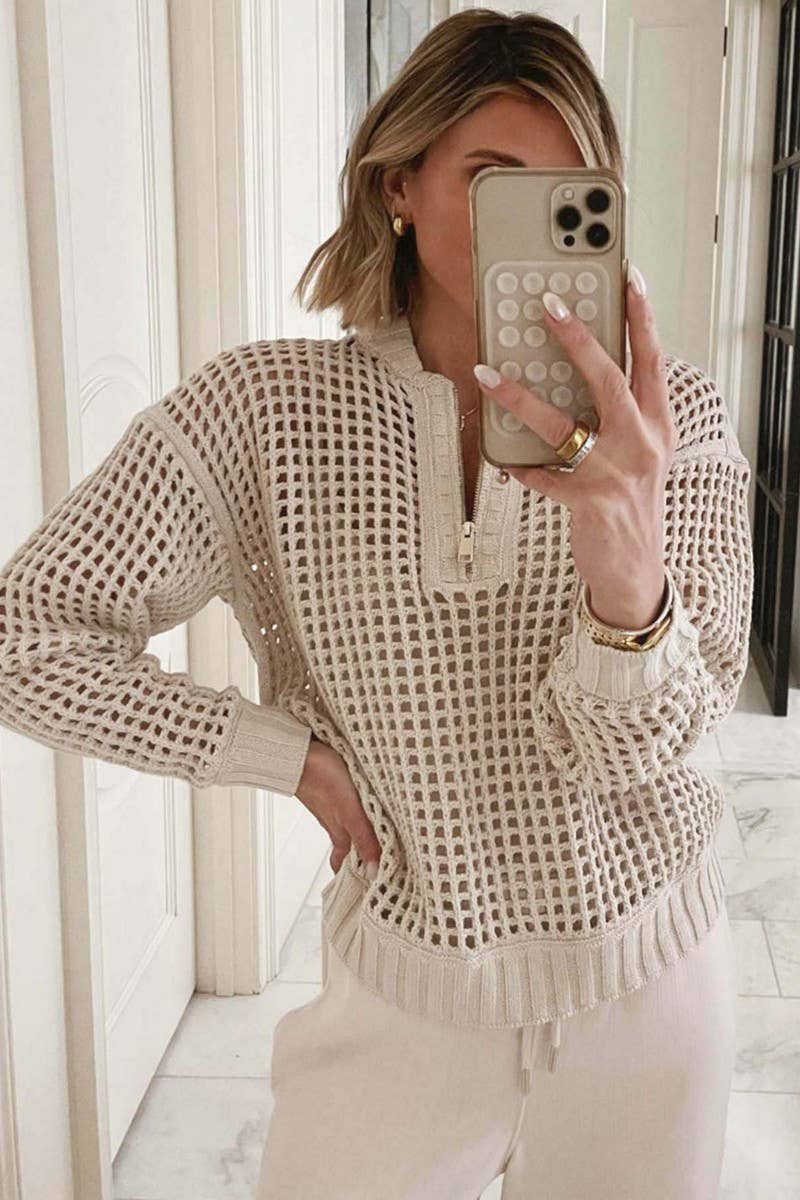 CWOSWL6869_TRENDY ZIP HALF COLLAR HOLLOW OUT KNIT SWEATER