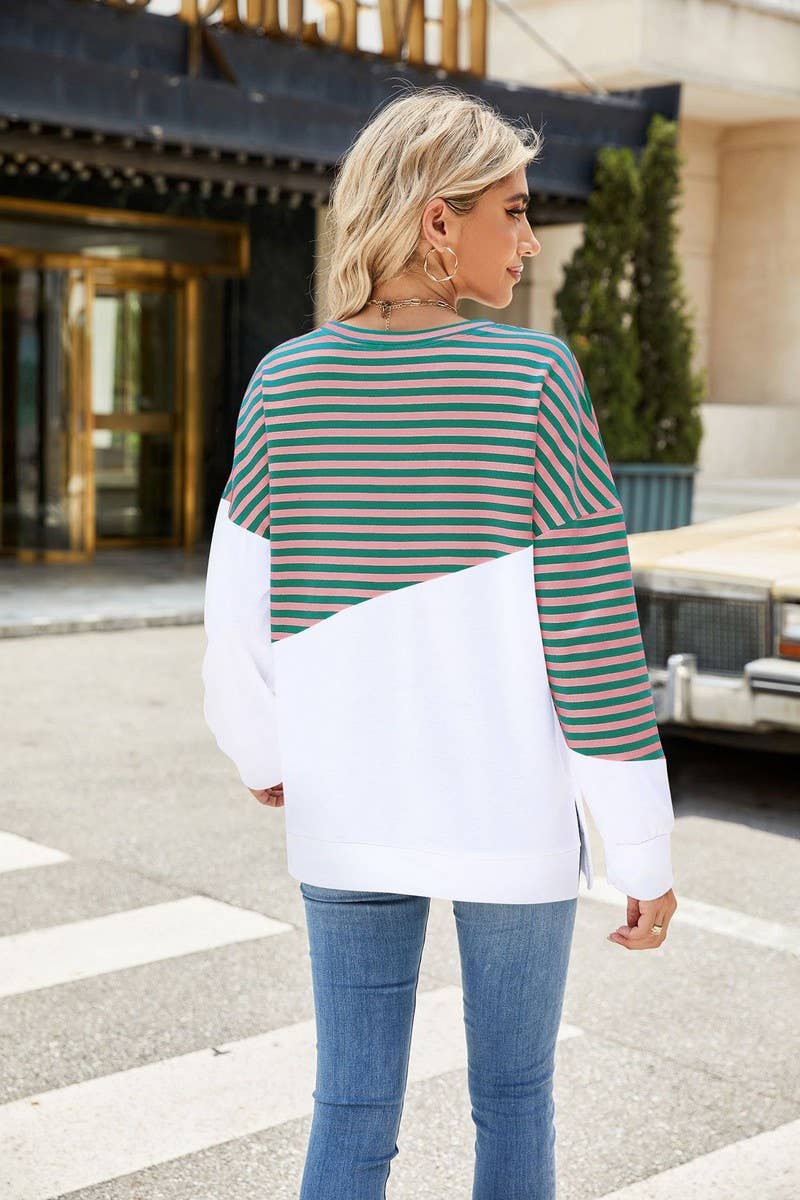 CWTBLL1859_ROUND NECK STRIPED LONG SLEEVE SWEATSHIRT