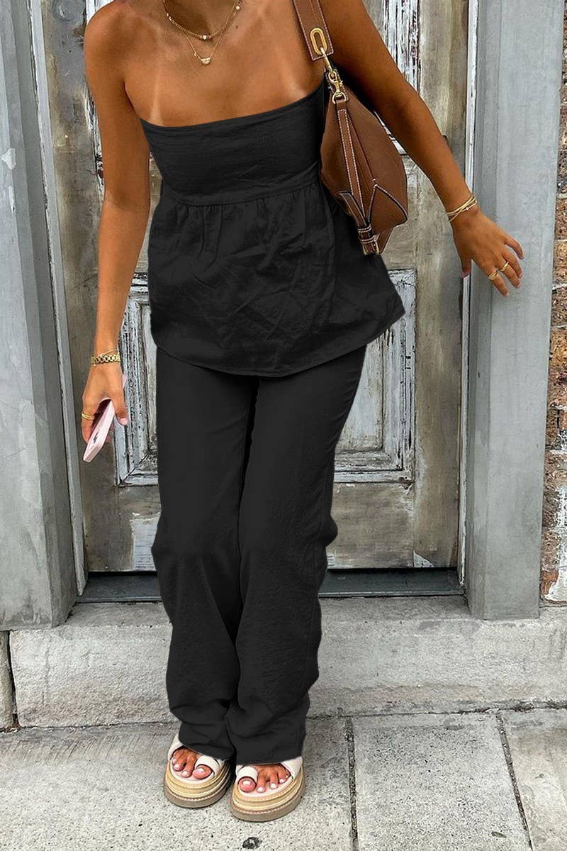 CWSTB00446_CASUAL STRAPLESS TOP AND STRAIGHT PANTS SET
