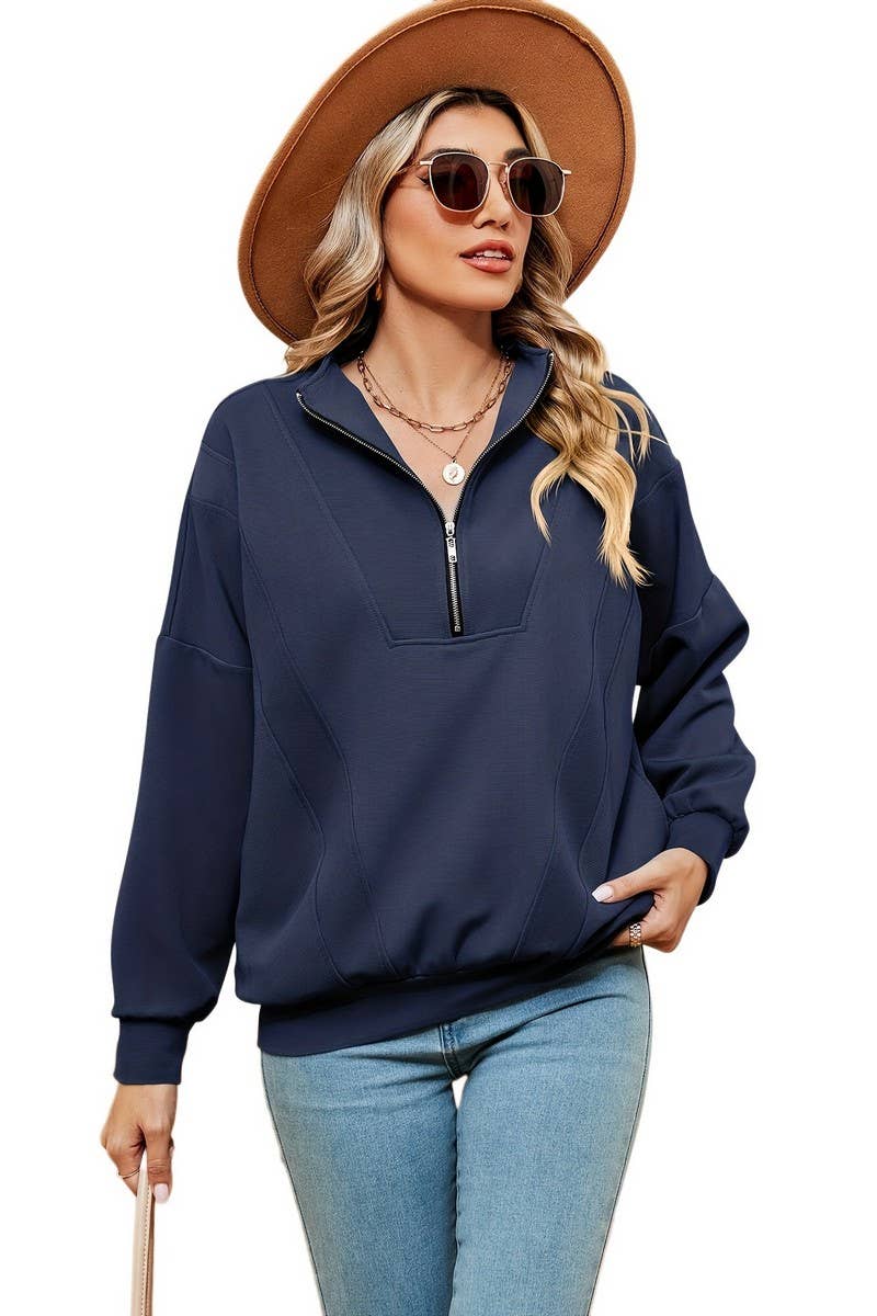 CWTBLL2399_ZIPPERED STAND COLLAR POCKET CASUAL SWEATSHIRT