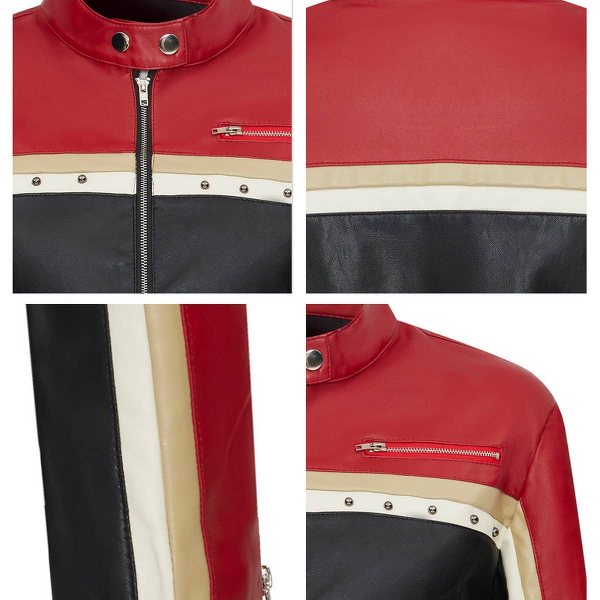 Cropped PU Moto Jacket Women Patchwork Stand Neck