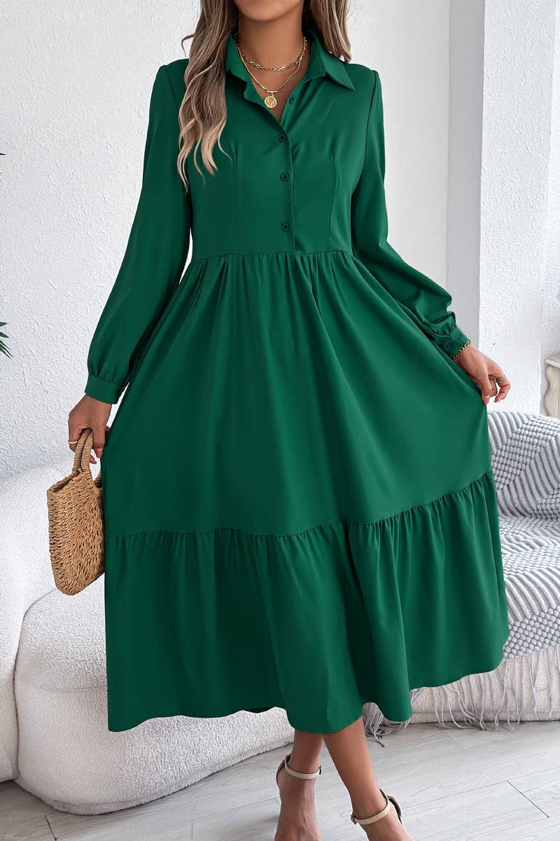 CWDMD6027_LOOSE FIT RUFFLE TRIM LONG SLEEVE SHIRT DRESS