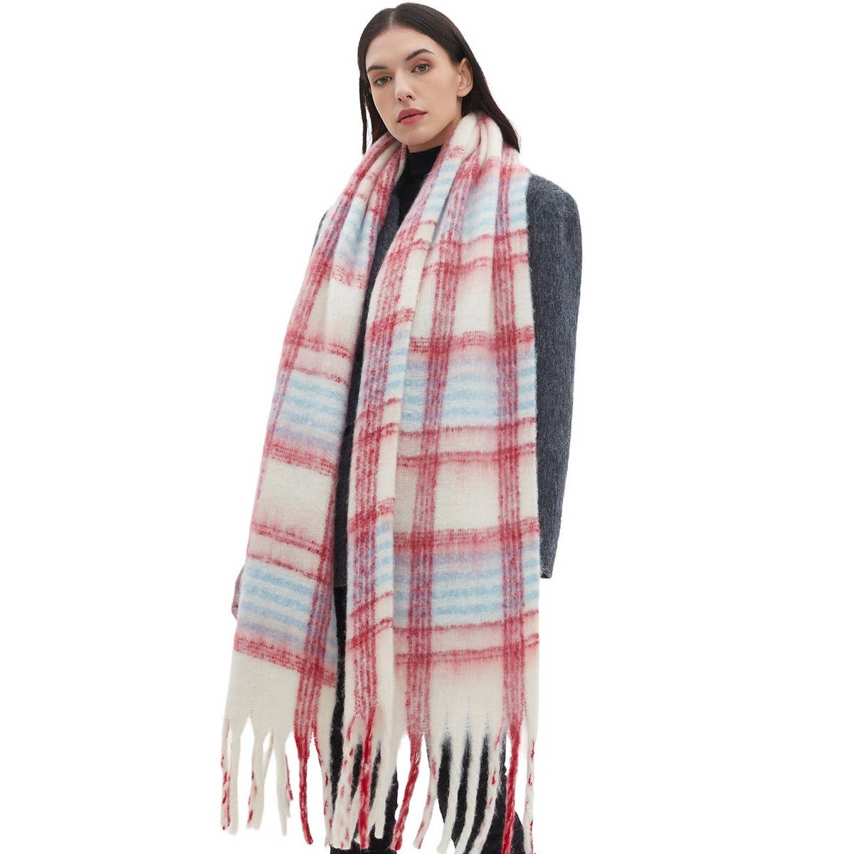 Chunky Circle Yarn Plaid Scarf - Thick Fall/Winter