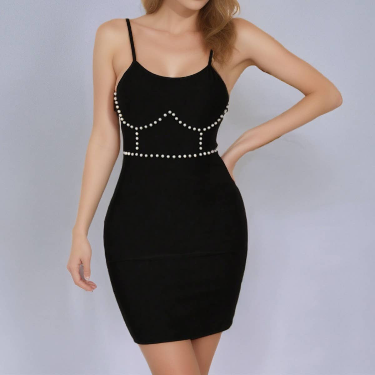 Black beaded strappy backless party mini dress