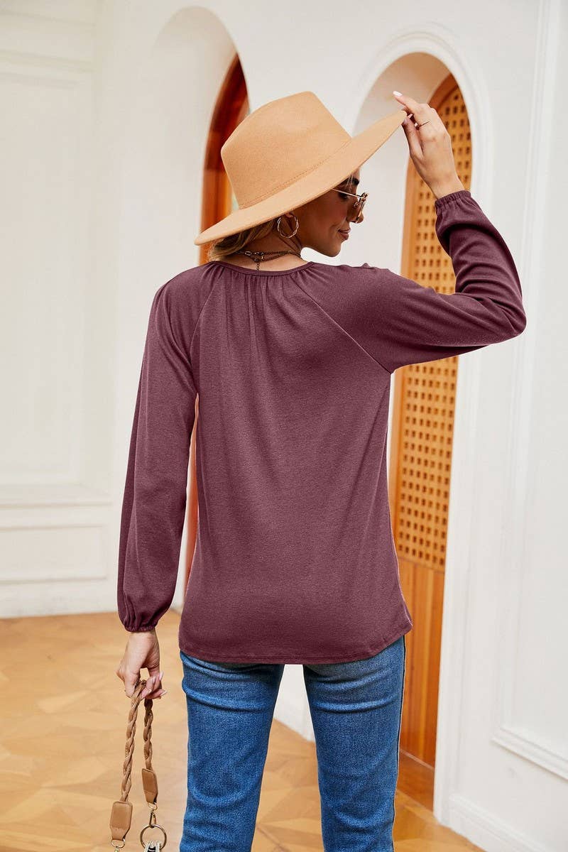 CWTBLL2370_LONG SLEEVE V NECK PLEATED LOOSE PULLOVER
