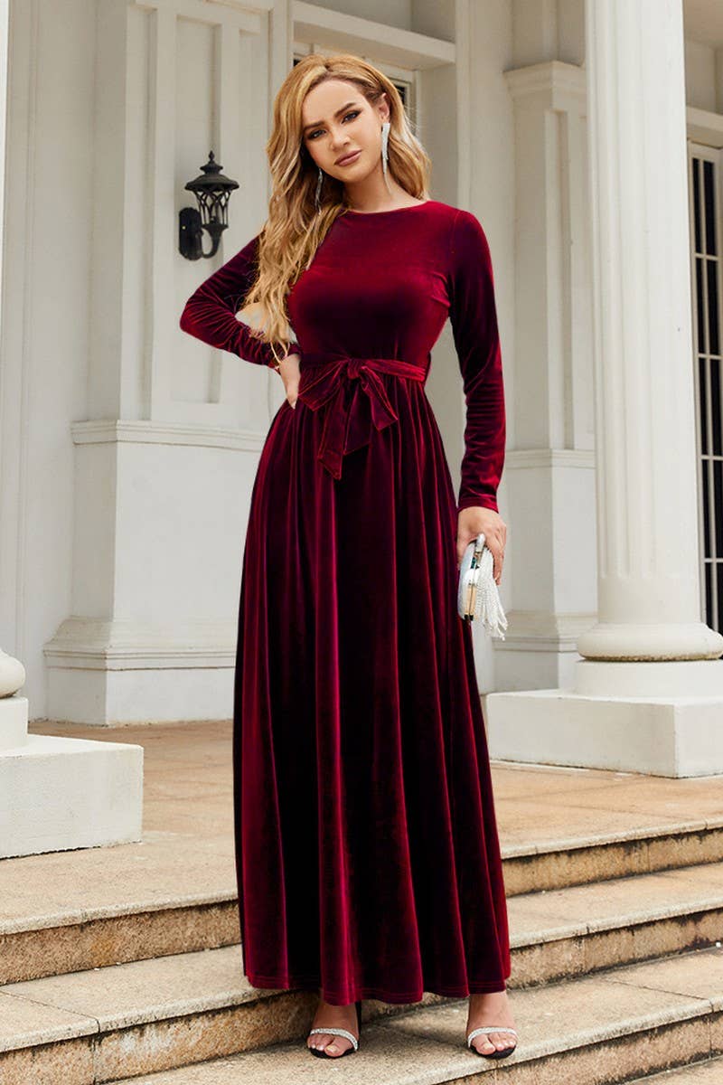 CWDMD3493_GOLD VELVET SOLID COLOR LACE-UP MAXI DRESS
