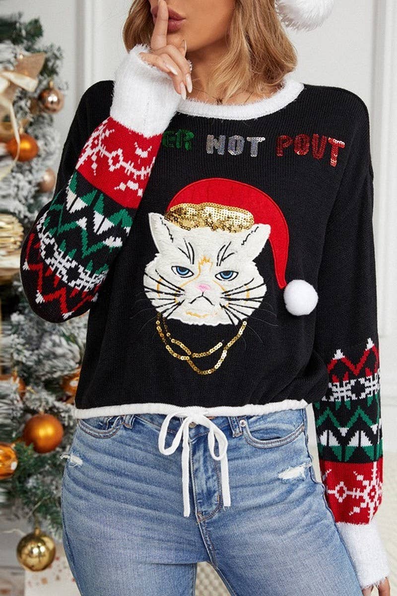 CWOSWL2492_KITTEN EMBROIDERED CHRISTMAS CROPPED SWEATER
