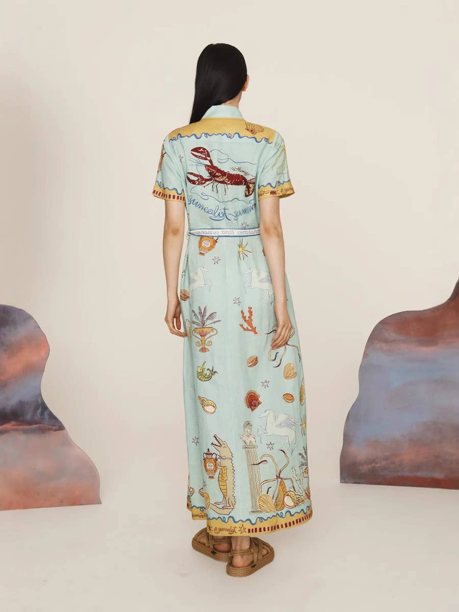 Casual linen dress with graffiti lantern sleeves