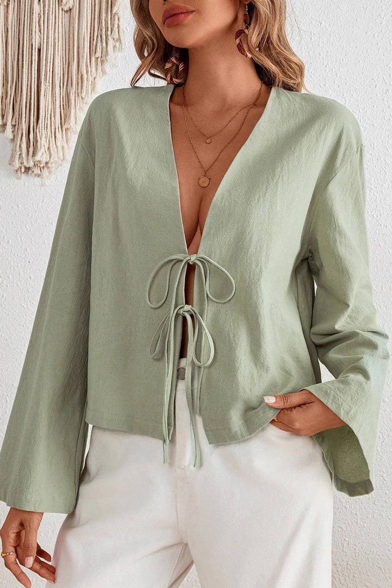 CWTBLL01153_TIE FRONT LIGHTWEIGHT FLARE SLEEVE CARDIGAN