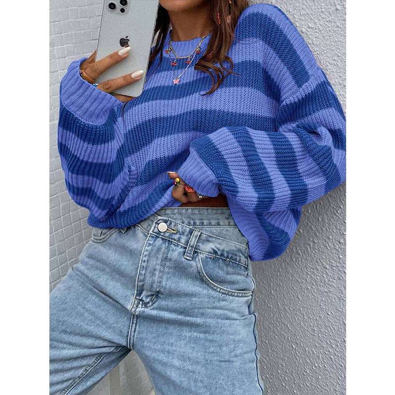 COLOR CONTRAST STRIPED CREW NECK LOOSE KNIT TOP