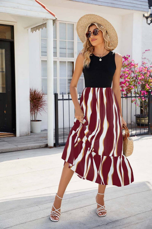 CWDMD1393_Round Neck Sleeveless Contrast Dress