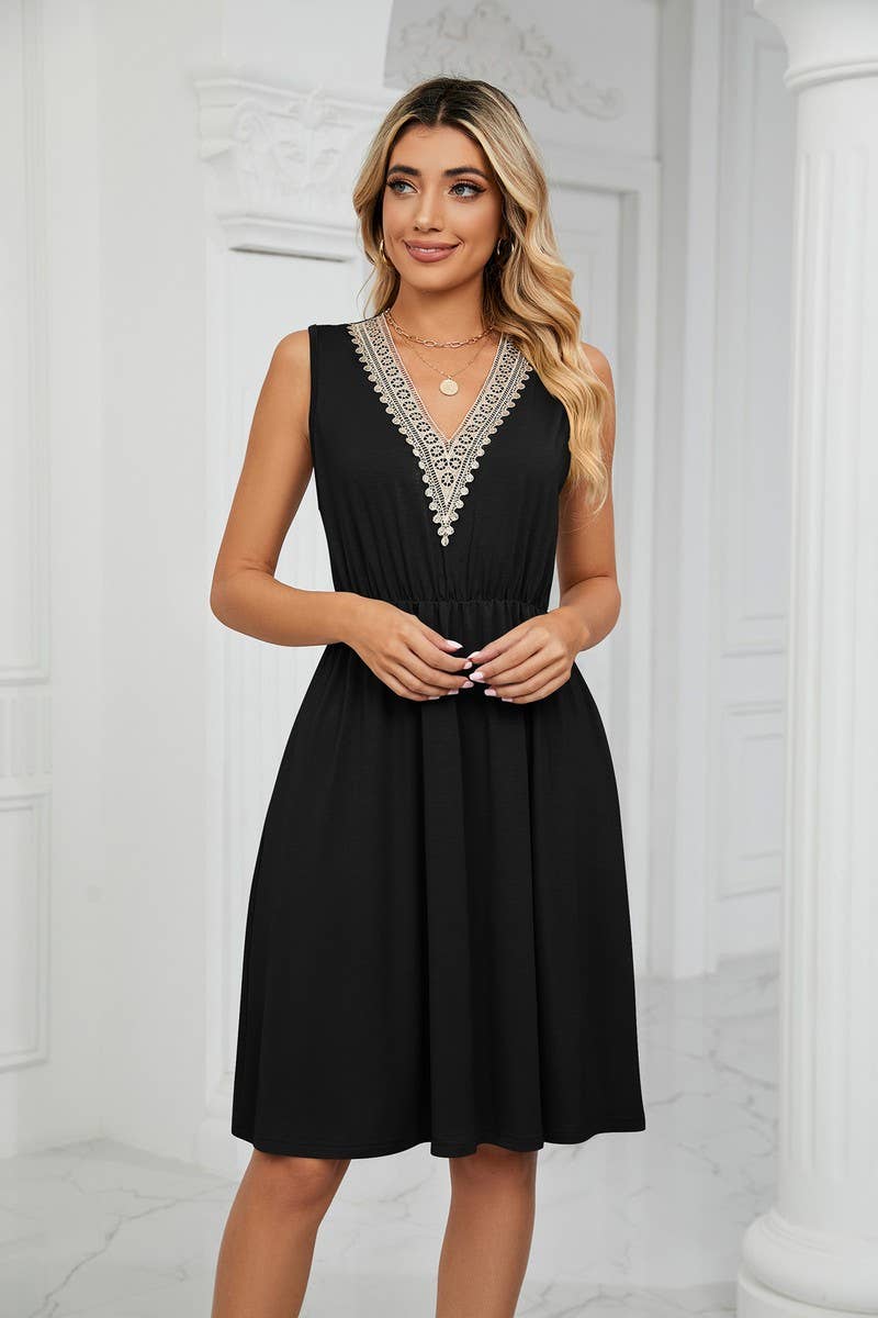 CWDSD3116_V-Neck Lace Trim Sleeveless Dress