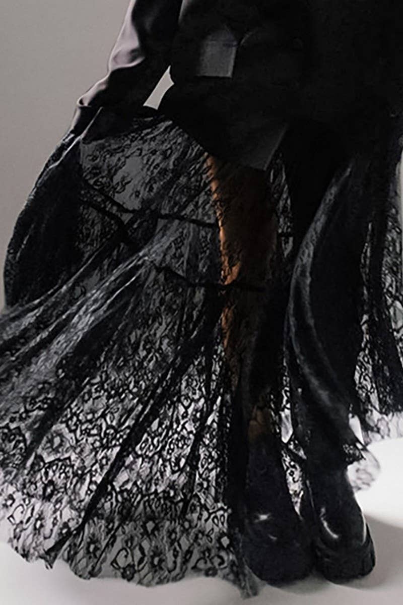 CWBLS138_LACE HOLLOW  HIGH WAIST MESH PLEATED SKIRT