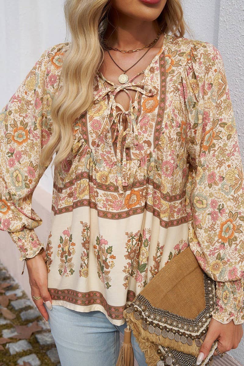 CWTBLL3942_BOHO V-NECK TIE FRONT PRINTED LONG SLEEVE BLOUSE