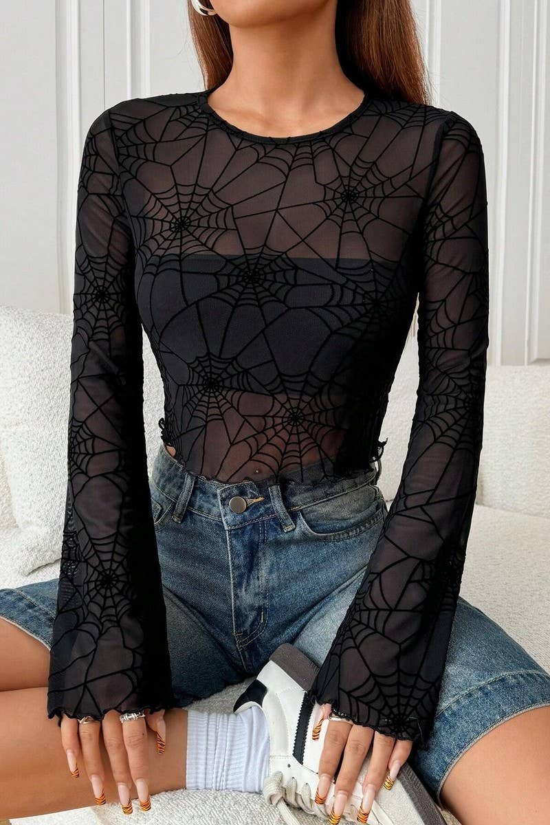 CWTBLL3478_BLACK TRANSPARENT RUFFLED SPIDER WEB T-SHIRT TOP