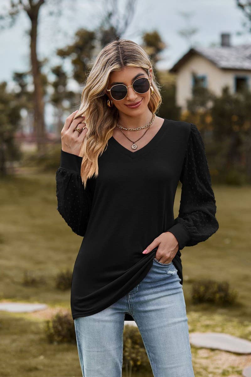 CWTBLL1047_LONG-SLEEVED V-NECK MESH PATCHWORK LOOSE TOP