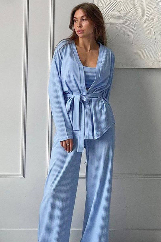 CWSPJ0260_BLUE KNITTED ROBE HOME THREE-PIECE SET