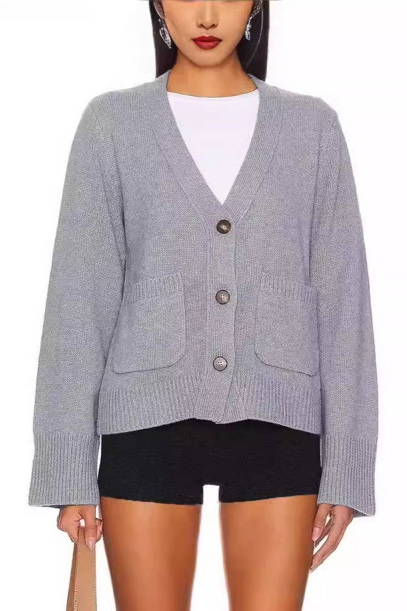 CWOCAL1611_SOLID COLOR V-NECK KNITTED CARDIGAN COATS