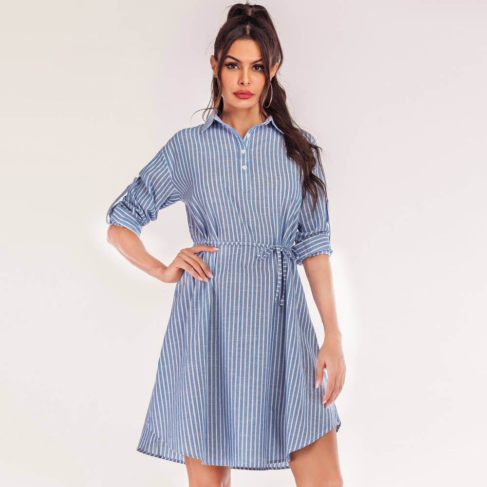 Casual mid-length dress with belted blue stripes