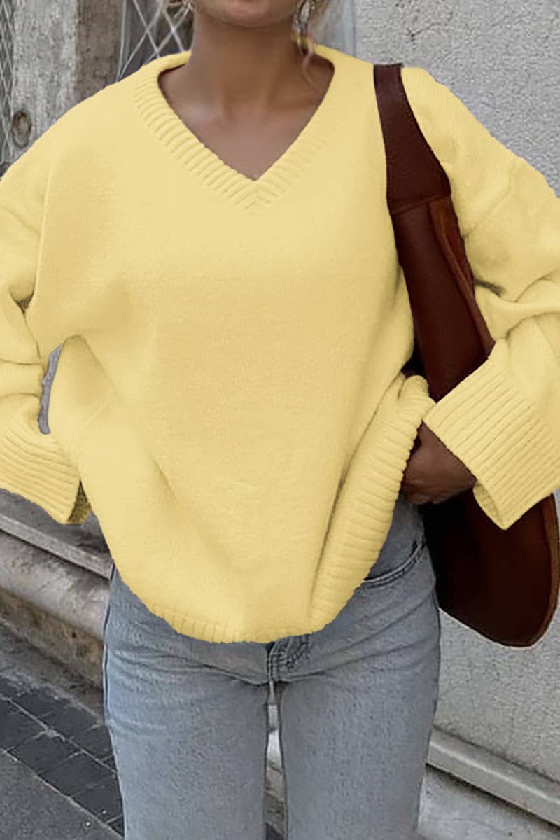 CWOSWL07486_CASUAL V-NECK SOLID LONG SLEEVE KNIT SHIRT