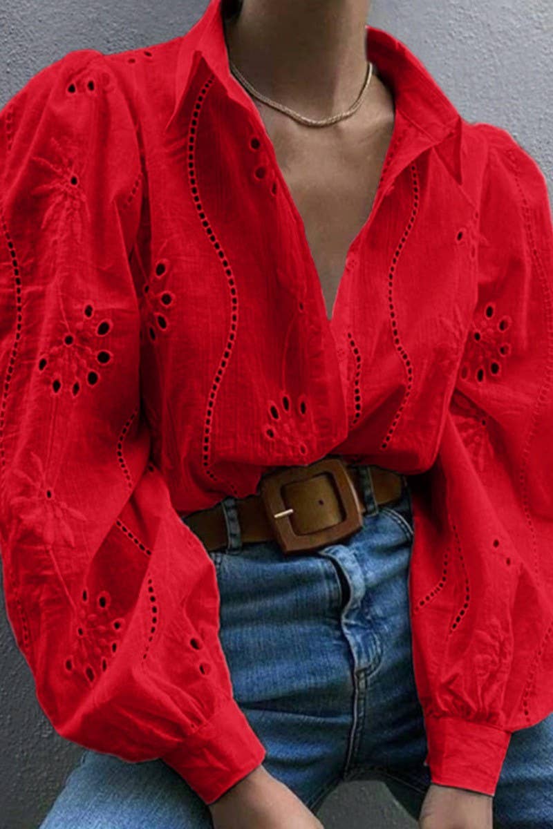 CWTSTL01000_CASUAL LOOSE HOLLOW OUT PUFF SLEEVE  TOP