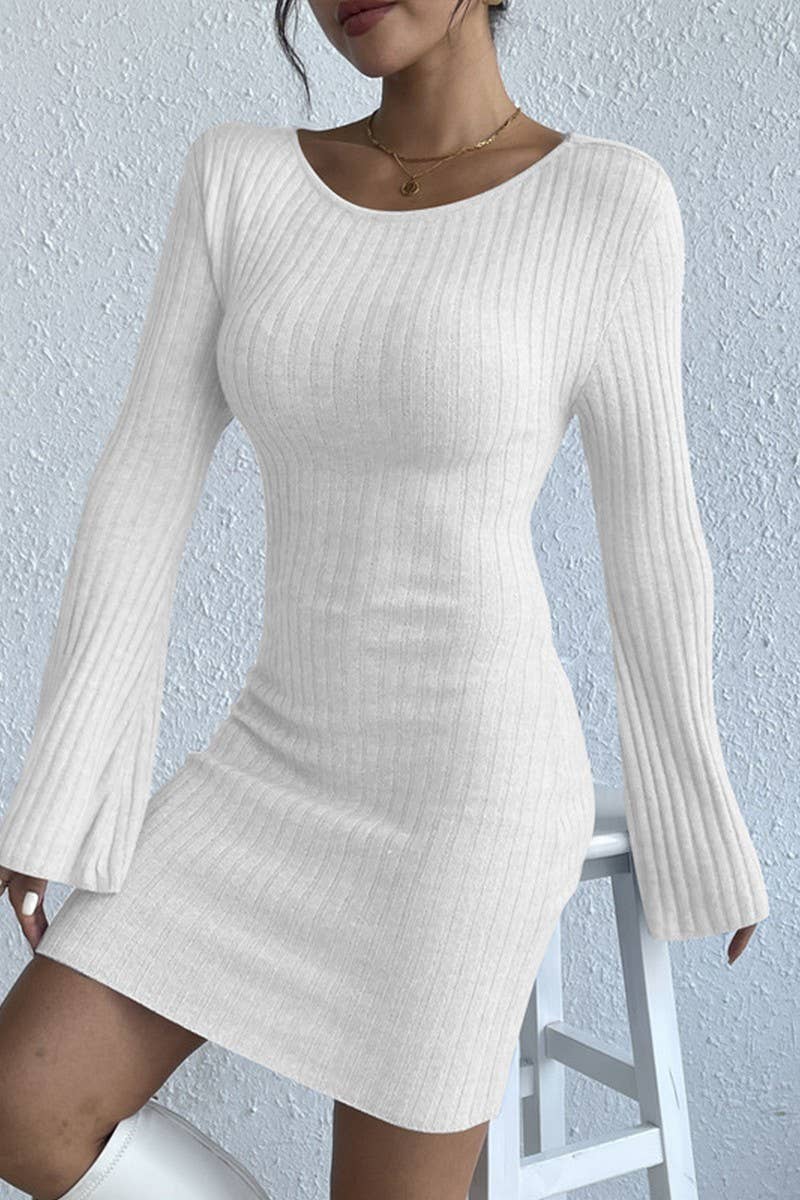 CWDSD5245_BACKLESS SOLID COLOR TRUMPET SLEEVE KNITTED DRESS