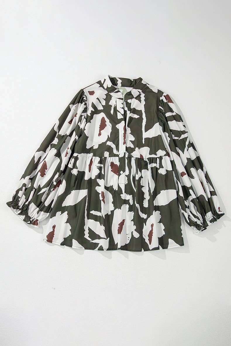 COMMUTER LOOSE V-NECK VINTAGE FLORAL PRINT SHIRT