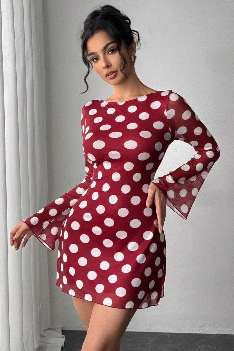 CWDSD8265_POLKA DOT OPEN BACK MESH BELL SLEEVE MINI DRESS