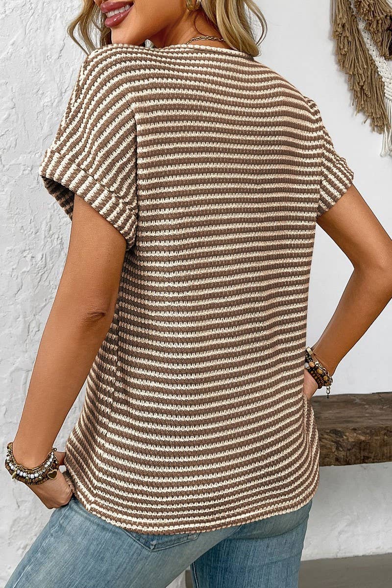 CWTBLS1622_V-NECK LOOSE STRIPED PULLOVER SHORT-SLEEVED TOP
