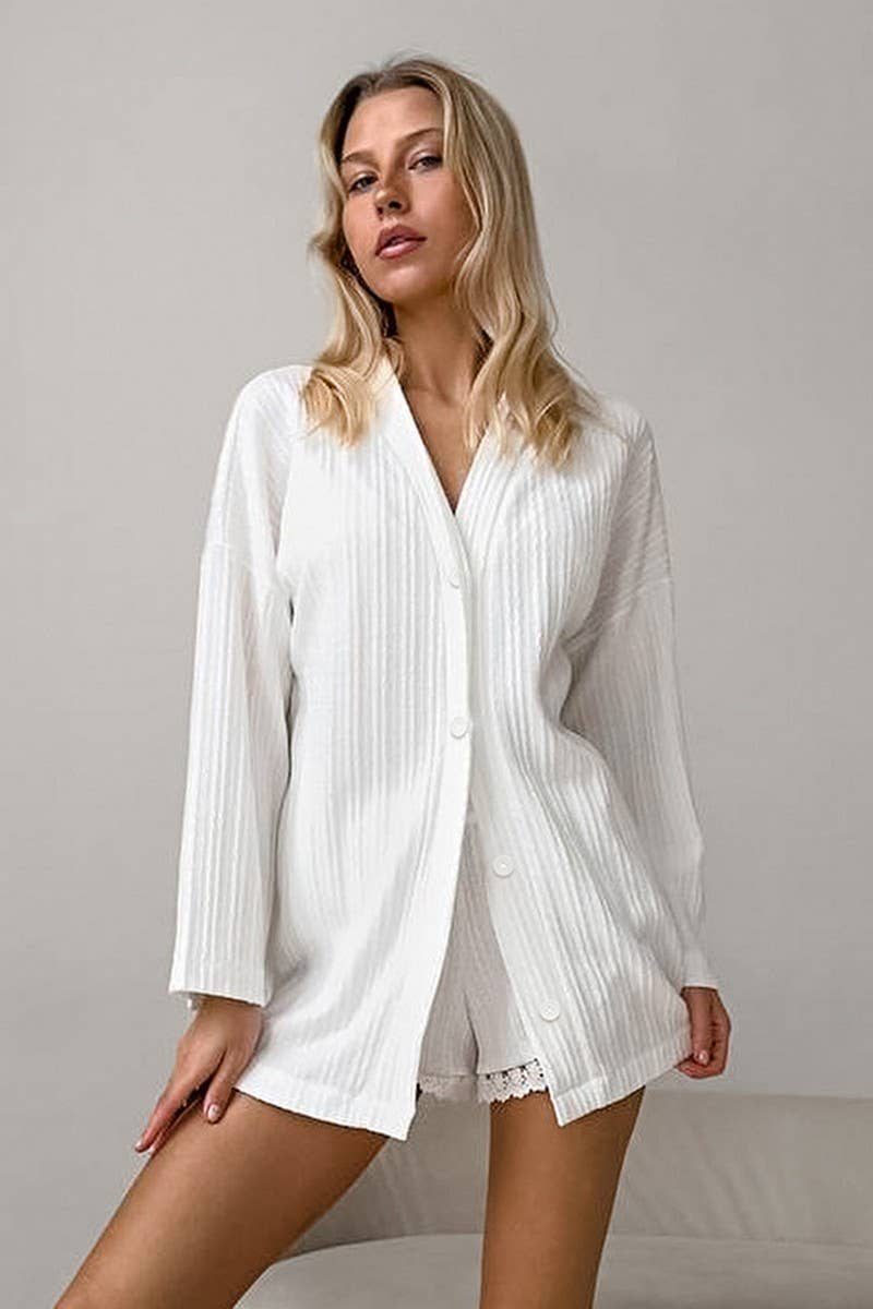 CWSPJ0313_WHITE KNITTED LACE PAJAMAS TWO-PIECE SET